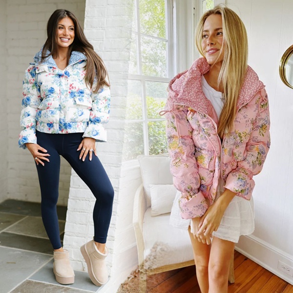 Winter brunch outfit styling floral jacquard puffer jacket with vegan leather pants