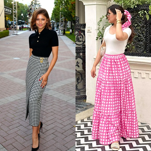 Woman wearing classic black and white gingham maxi skirt with black blouse for timeless 2025 fashion look