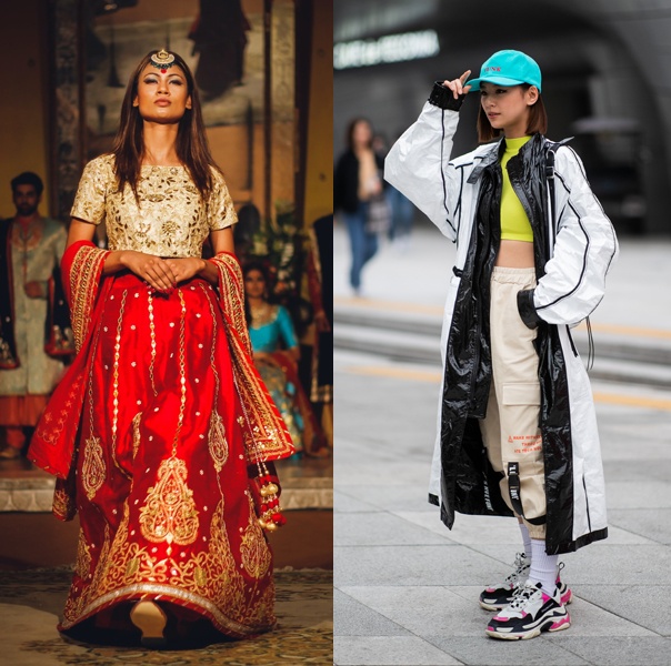 Indian bridal lehenga contrasted with modern Korean streetwear Indian bridal lehenga contrasted with modern Korean streetwear