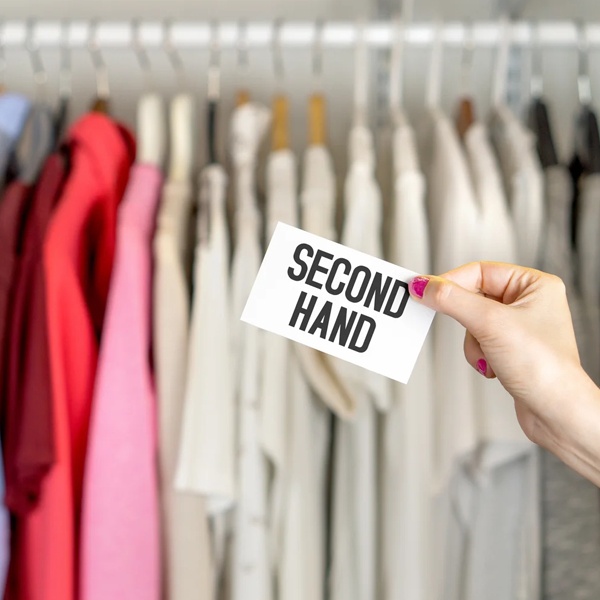 Display of second-hand and used clothes, promoting circular fashion and sustainable consumption