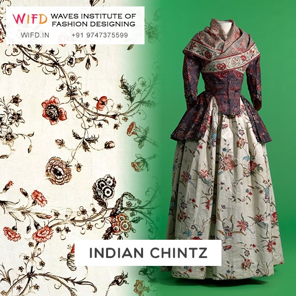 Hand-painted Indian chintz cotton fabric with floral motifs from Coromandel Coast in museum collection Hand-painted Indian chintz cotton fabric with floral motifs from Coromandel Coast in museum collection