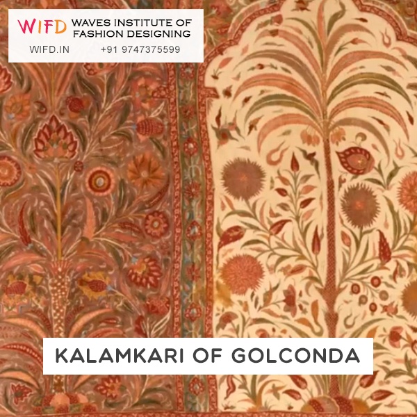 Golconda Kalamkari hand-drawn textile with natural dyes showing mythological scenes on cotton Golconda Kalamkari hand-drawn textile with natural dyes showing mythological scenes on cotton