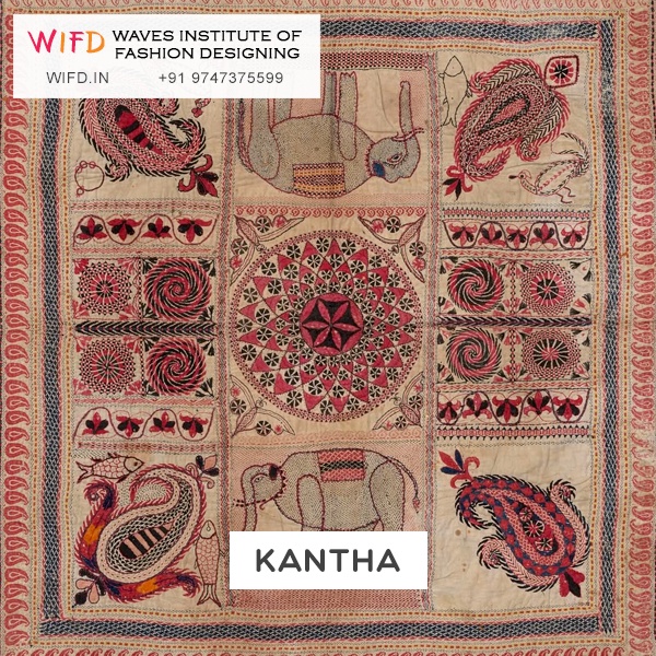 Traditional Bengal kantha embroidery with running stitch on recycled saree fabric showing folk motifs Traditional Bengal kantha embroidery with running stitch on recycled saree fabric showing folk motifs