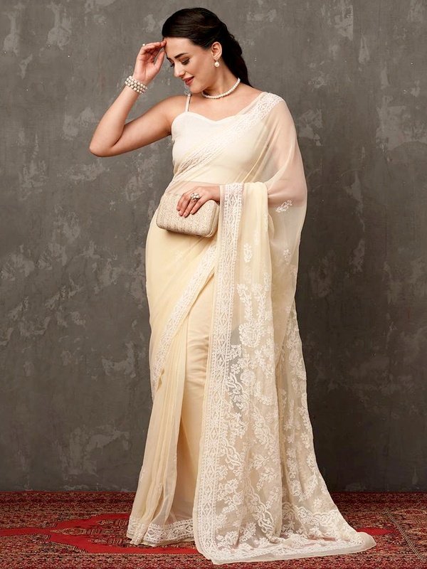 Chikankari embroidery saree from Lucknow with delicate white floral and jaali patterns