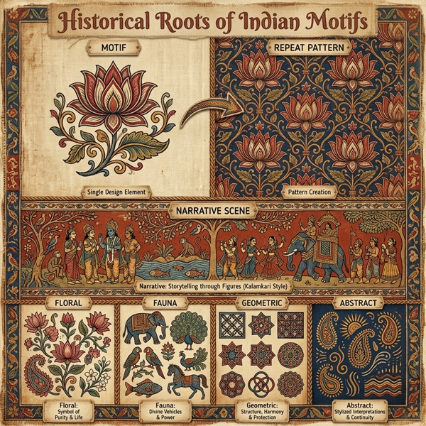 Traditional Indian textile motifs showing paisley lotus and peacock patterns on fabric