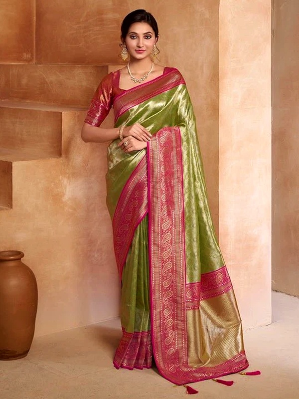 Kanchipuram silk saree with paisley and temple motifs featuring contrasting zari border