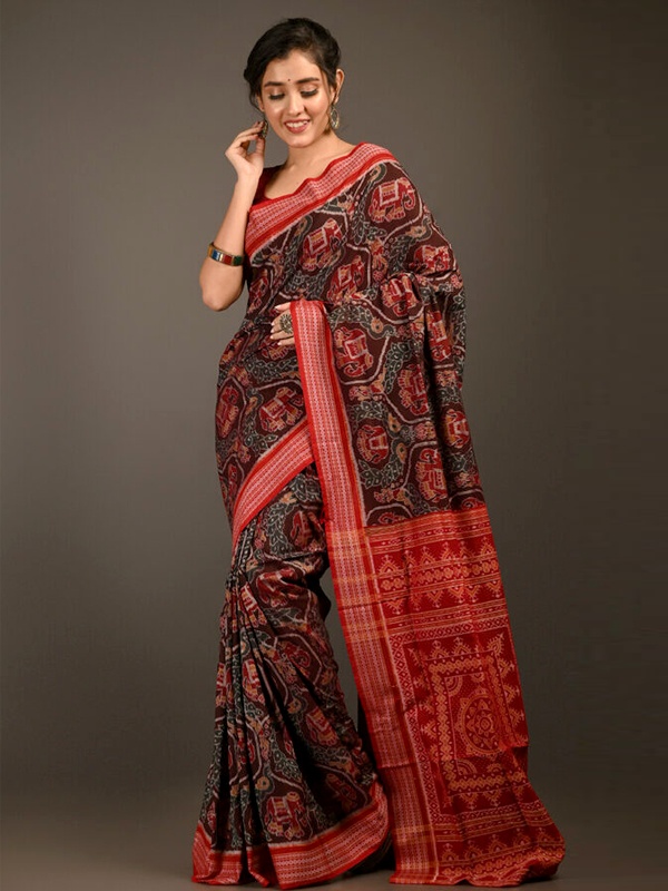 Sambalpuri ikat saree from Odisha featuring conch shell and wheel motifs