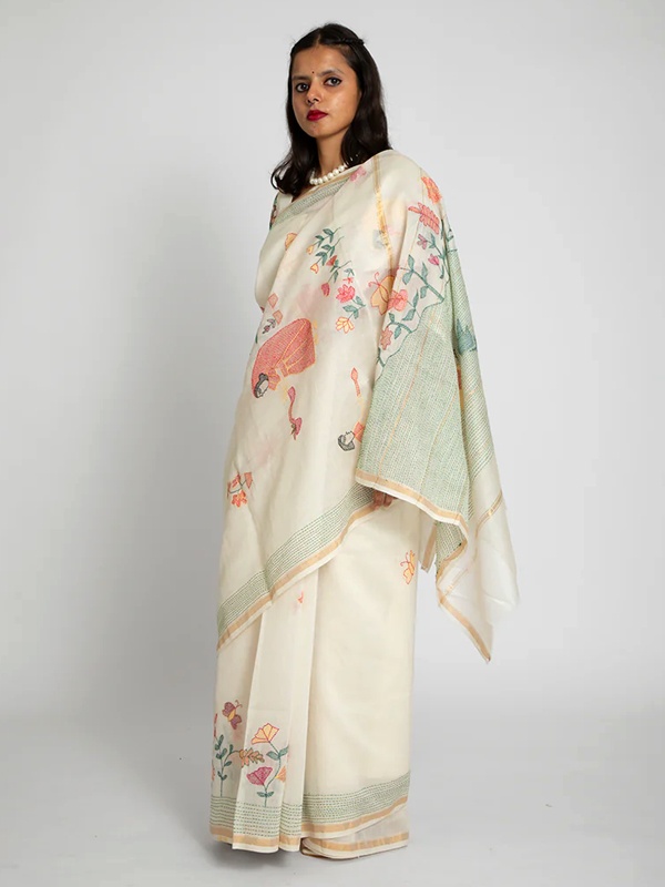 Sujani embroidery saree from Bihar depicting narrative folk art and storytelling motifs