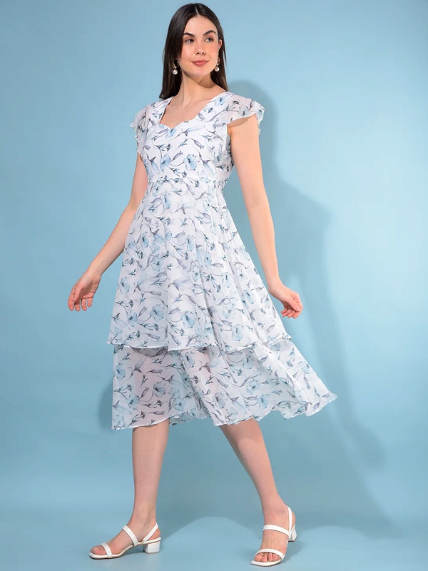 White A-line dress featuring aesthetic floral motifs in Indian textile design