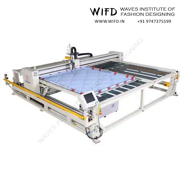 Long-arm industrial quilting machine for large quilt production with extended workspace and steady fabric feeding system