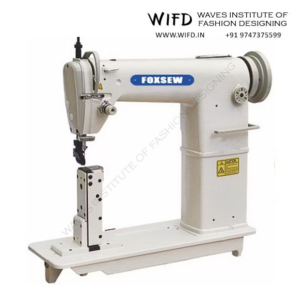 Post bed industrial sewing machine with vertical post design for sewing cylindrical items, sleeves, cuffs, leather goods and curved seam construction