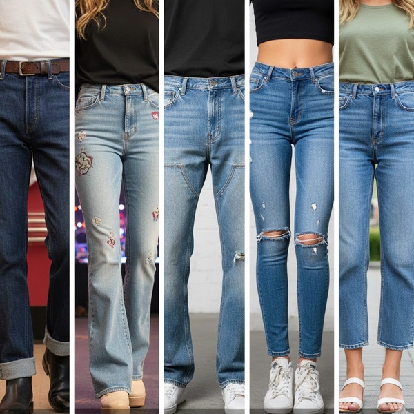 Timeline showing denim evolution from 1800s miners' workwear to contemporary fashion trends