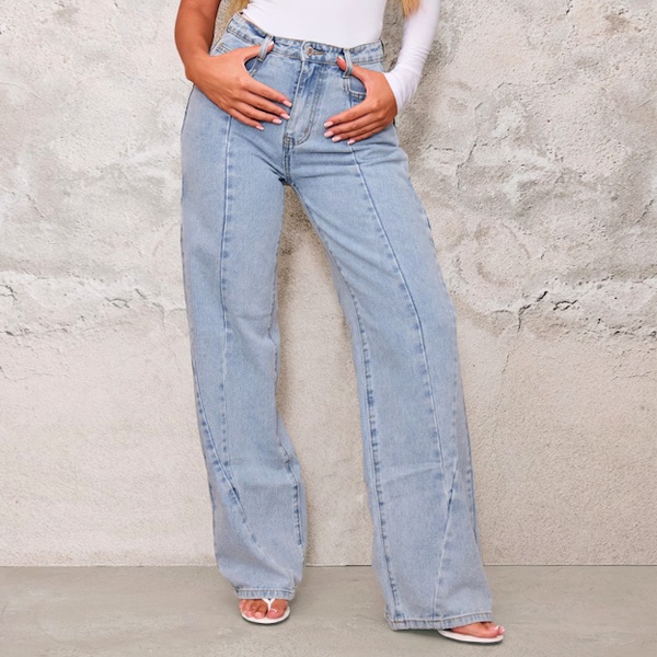 Front seam jeans with center crease creating leg-elongating celebrity-inspired look