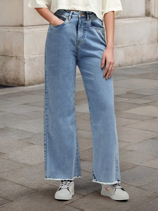 Wide leg palazzo style jeans with full loose fit from hip to hem for comfort