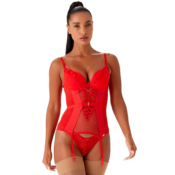 Basque lingerie combining bra support with fitted torso-shaping panel - longer decorative alternative to corset
