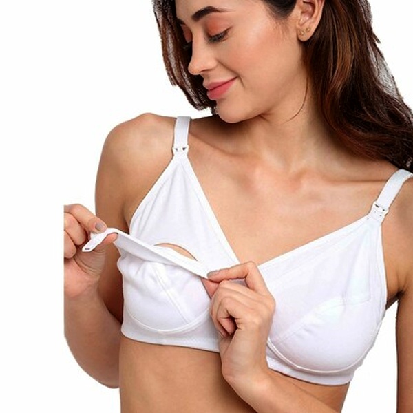 Maternity and nursing bra with extra support, soft cups and quick-open panels for comfortable breastfeeding