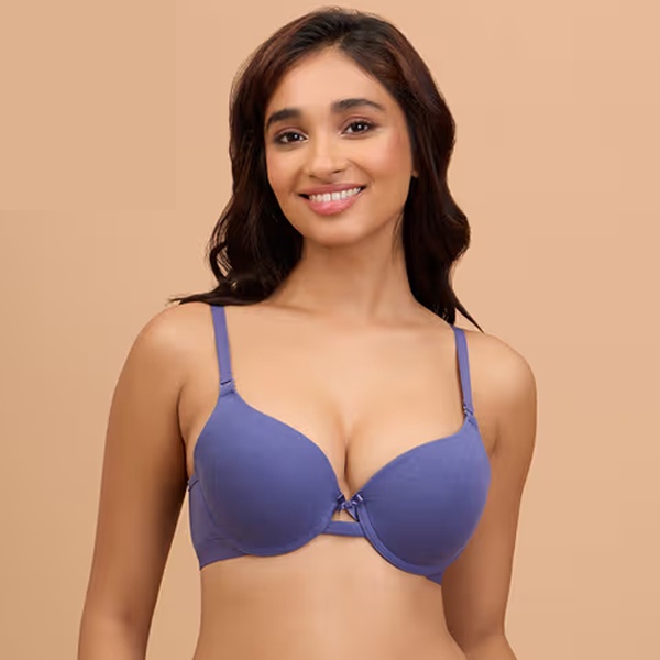 Push-up bra with padded cups designed to lift and enhance cleavage for fuller bust appearance