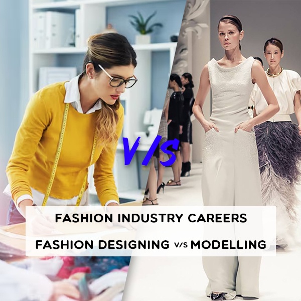 Fashion designer sketching designs next to model on runway comparing two creative career paths in fashion industry