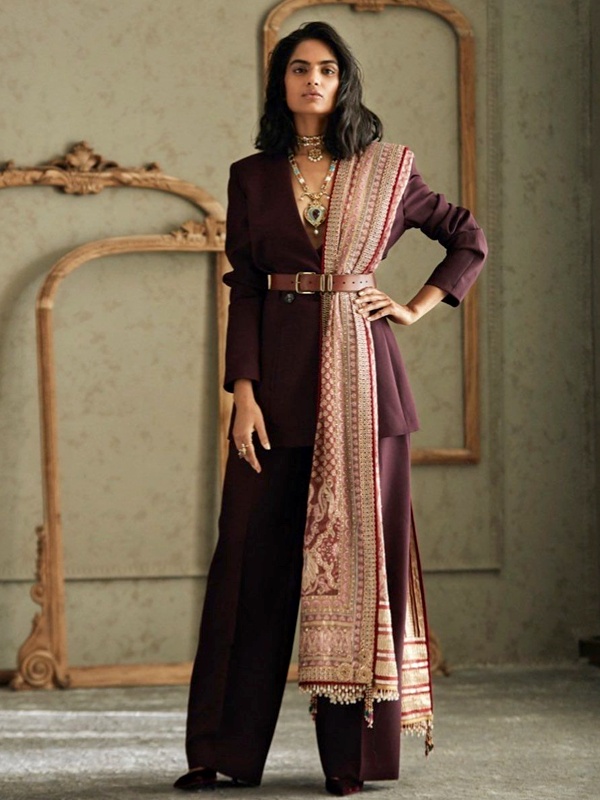 Gender-neutral Indian fashion featuring structured sherwani and bandhgala for women