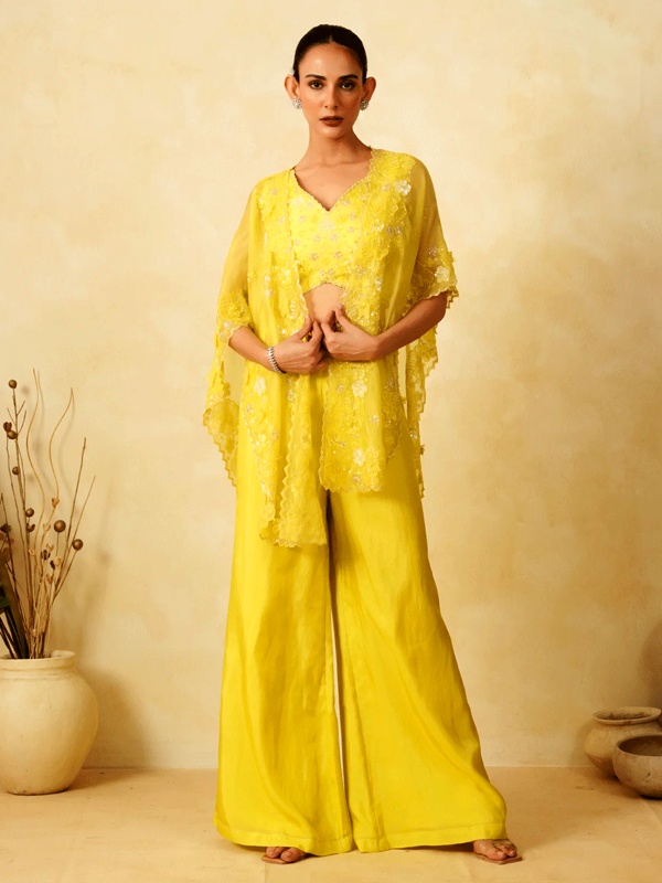 Bright yellow co-ord set with floor-length cape ideal for mehendi and haldi ceremonies