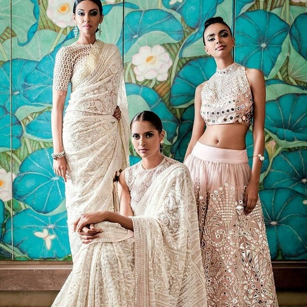 Collage of traditional monochrome outfits designed by popular designers