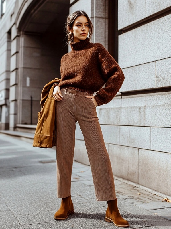 Woman wearing brown outfit with chunky knit sweater and caramel pinstriped trousers