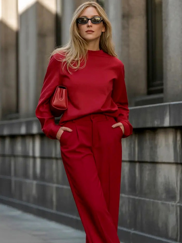 Woman wearing crimson red oversized sweatshirt with wide leg trousers