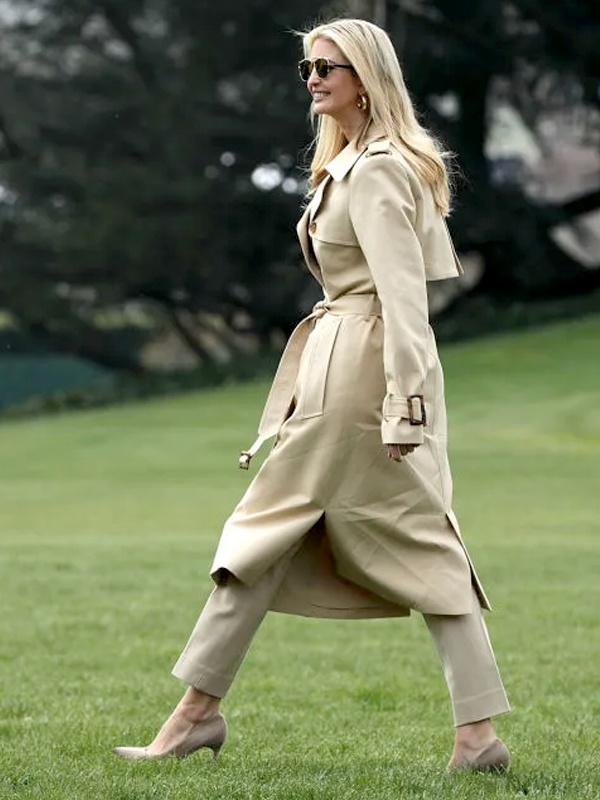Ivanka Trump wearing beige belted trench coat with matching trousers and nude heels monochrome fashion outfit