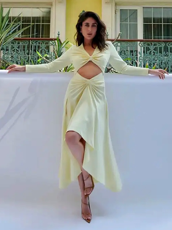 Kareena Kapoor wearing pastel yellow twisted cutout dress with asymmetric hem