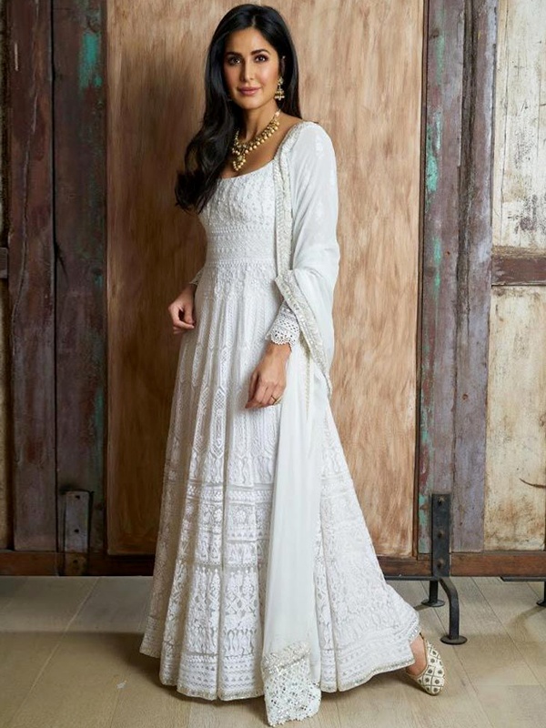 Katrina Kaif wearing white embroidered Anarkali suit with Chikankari work
