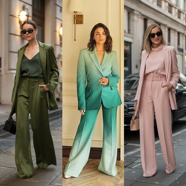 Three women wearing tonal monochrome co ord suits showing olive, teal and blush looks