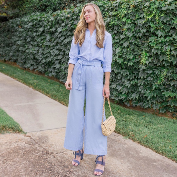 Woman in powder blue tonal co ord illustrating revival of tonal dressing