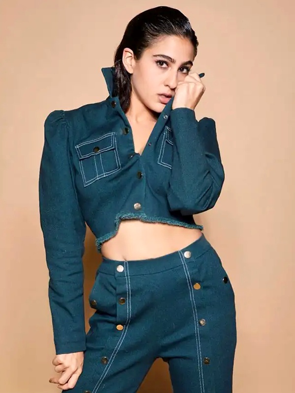 Sara Ali Khan wearing teal denim cropped jacket and high waisted trousers