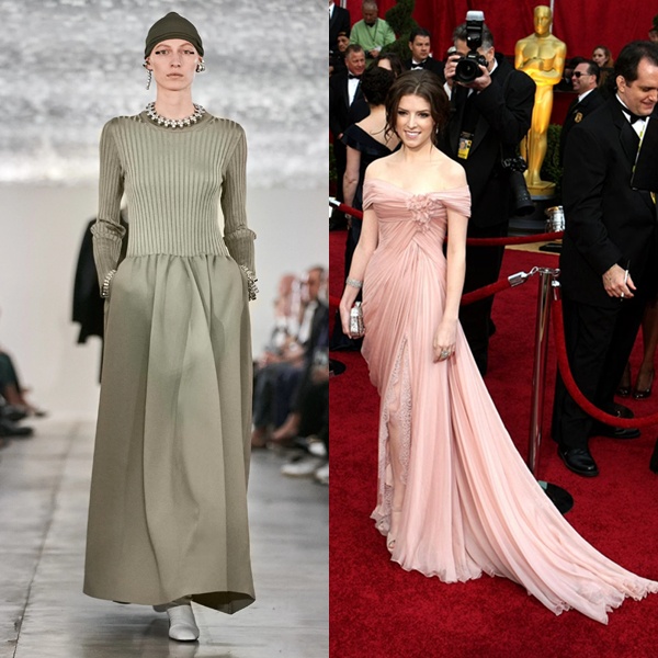 Split image showing minimalist runway look and pastel red carpet gown illustrating tonal contrast