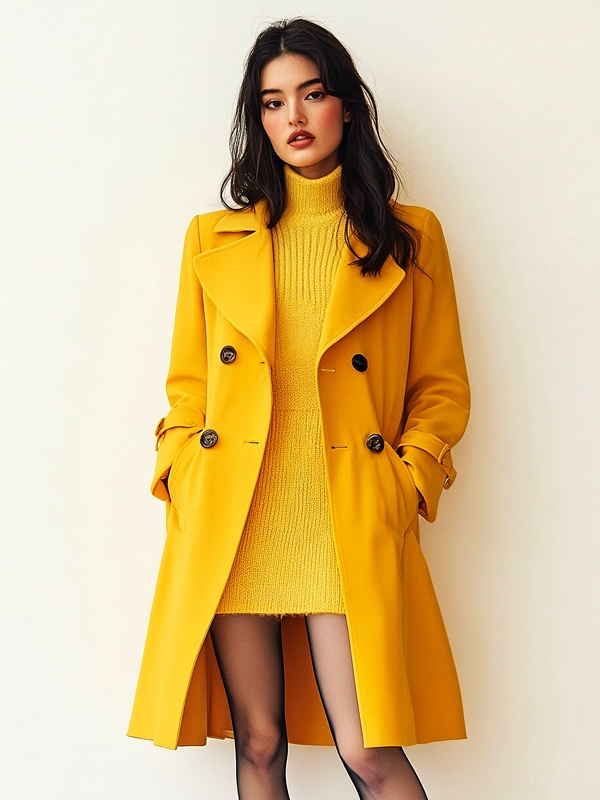 Woman wearing yellow outfit with ribbed knit sweater dress and golden trench coat