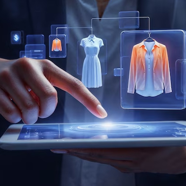 Fashion designer using AI and 3D design software for digital clothing creation
