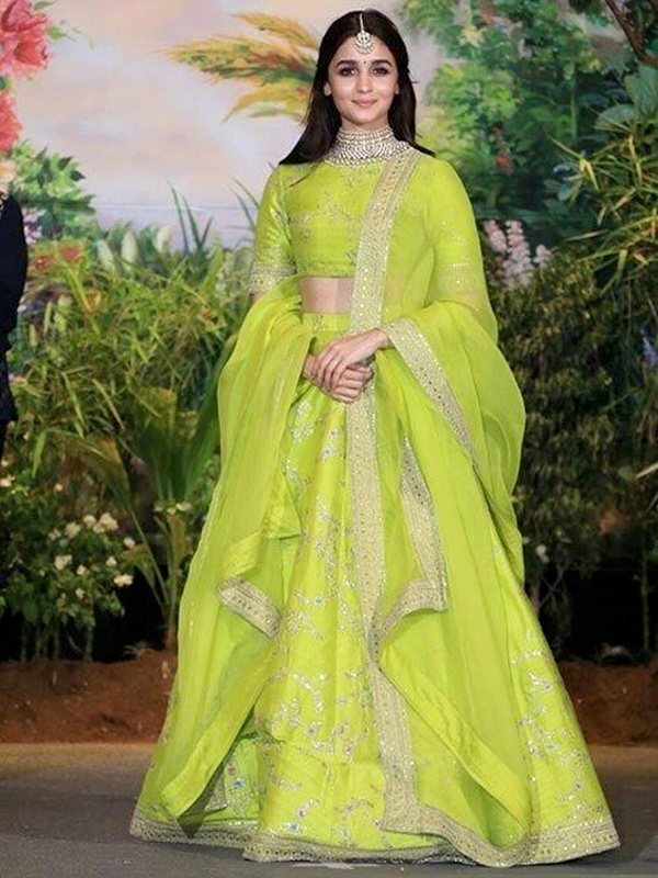 Alia Bhatt Lime Green Sequin Lehenga - Dazzling Full Sleeve Blouse with Floral Embroidery for Navratri