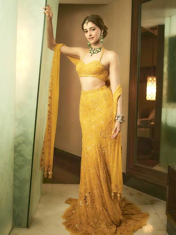 Ananya Panday Mustard Yellow Lace Lehenga - Halter Neck Bustier with Mermaid Silhouette and Cutwork