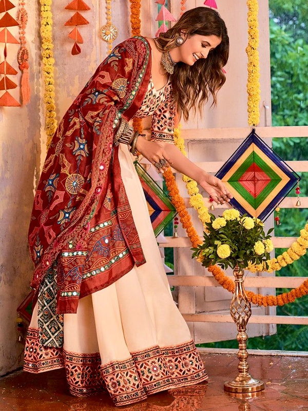 Beige Muslin Cotton Lehenga - Geometric and Floral Thread Embroidery with Maroon Dupatta