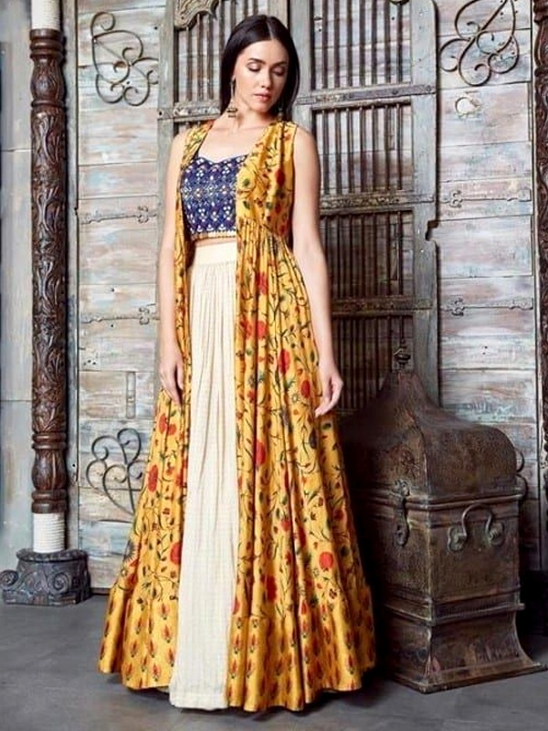 Contrast Print Lehenga Set - Mustard Yellow Jacket with Navy Blue Blouse and White Skirt for Navratri
