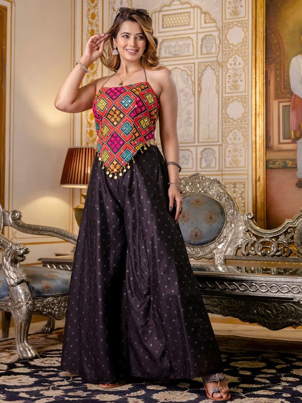 Embroidered Bangalori Silk Halter Top with Black Flared Palazzo - Elegant Navratri Outfit Set