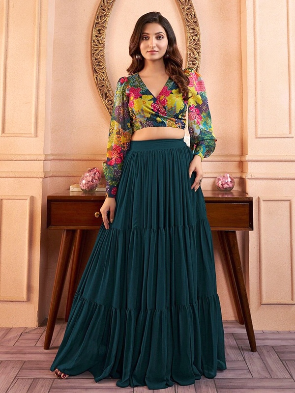 Floral Print Crop Top with Teal Tiered Skirt - Modern Co-ord Set for Navratri Celebrations