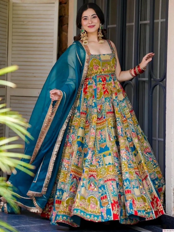 Full Flared Organza Anarkali Kurta - Sleeveless Design with Teal Sequined Dupatta for Navratri 2026