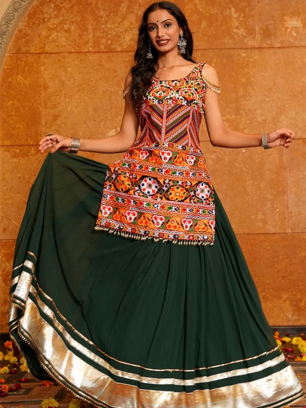 Bottle Green Mirror Work Lehenga - Traditional Gujarati Plastic Mirror Embroidery with Gold Border