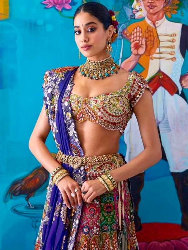 Janhvi Kapoor Multicolor Mirror Embroidered Lehenga - Bold Plunging Neckline with Traditional Threadwork