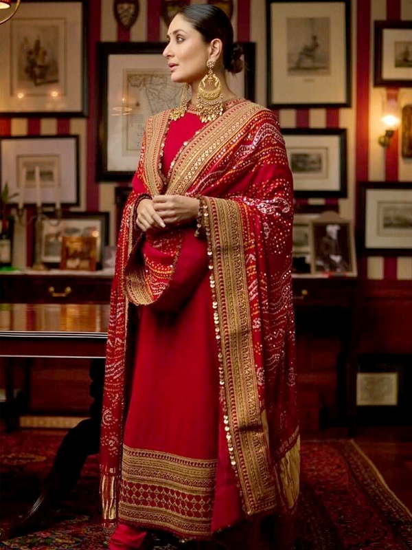 Kareena Kapoor Red Suit with Bandhani Dupatta - Golden Gota Border and Neckline Embroidery