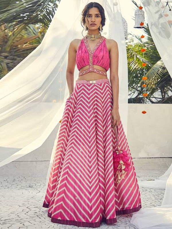 Pink Chevron Chanderi Lurex Lehenga - Metallic Gold Print Halter Neck Blouse with Purple Hem