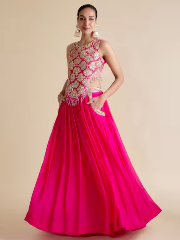 Hot Pink Silk Organza Lehenga - Sequin and Cutwork Embellished Blouse with Beaded Fringe for Navratri