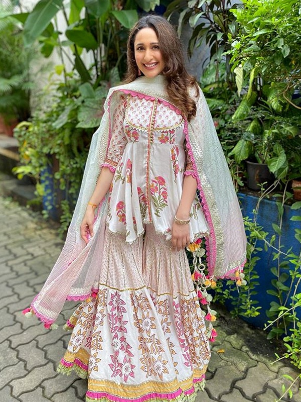 Pragya Jaiswal White Floral Sharara Set - Peplum Kurta with Pink Green Print and Mint Dupatta