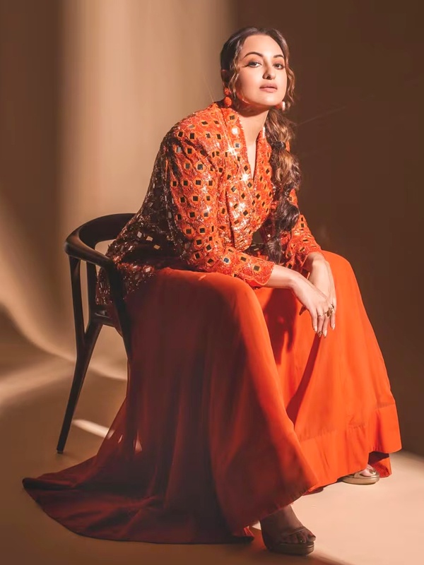 Sonakshi Sinha Orange Mirror Work Blazer with Maxi Skirt - Indo-Western Fusion Navratri Outfit